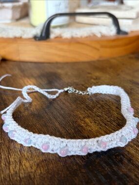 Handmade White Crochet Beaded Choker Necklace with Pink Accents